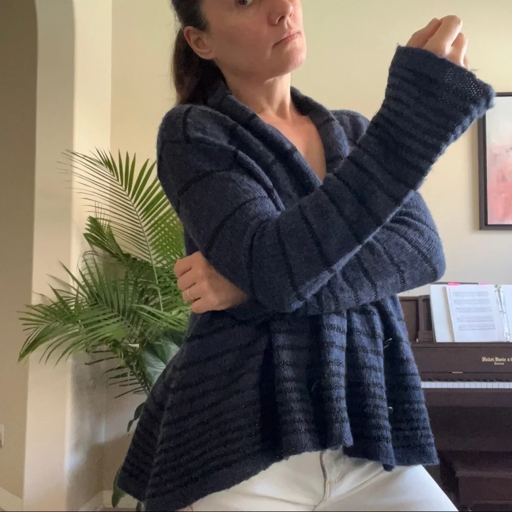 Free People Black and Blue Striped Sparkle Wool Blend Cardigan, size S
